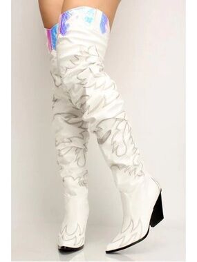 Cape Robbin White Over-the-Knee Western Boots with Iridescent Trim